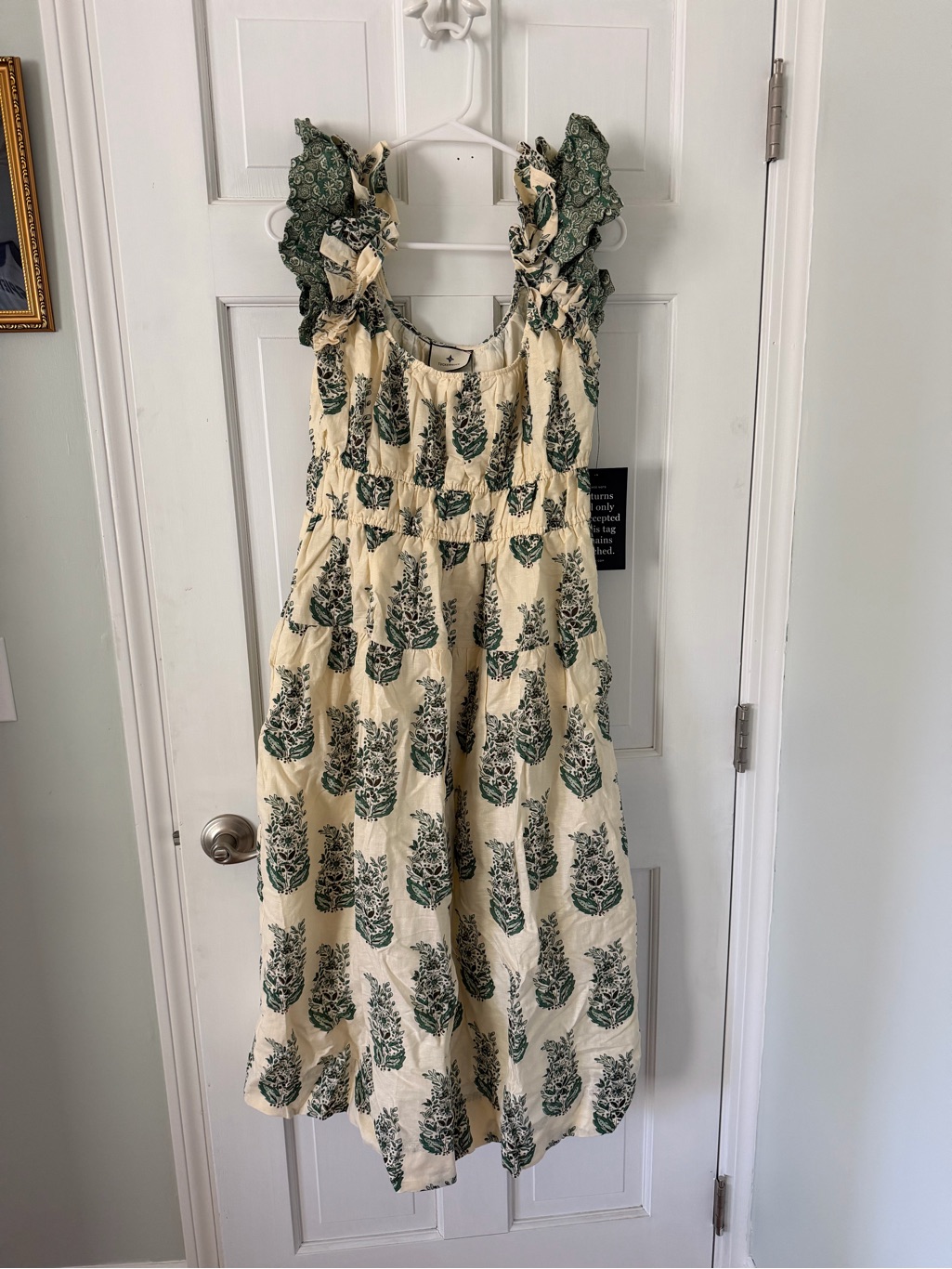 Tuckernuck Cream And Green Printed Ruffled Strap Dress